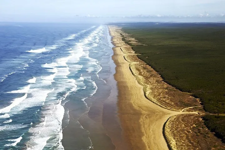 Aerial view showing the vast length of Ninety Mile Beach alongside a dark green forest.