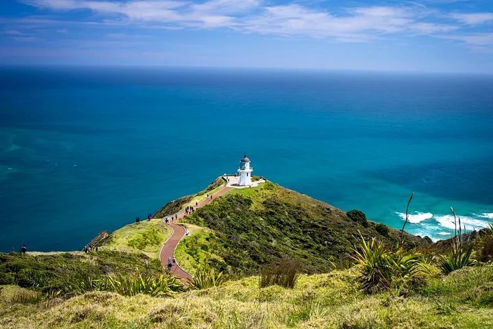 Vista panorámica del sendero que lleva al faro del Cabo Reinga con el océano de fondo.