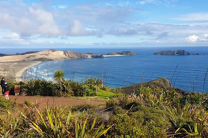 Paisaje costero con islas rocosas visibles en el océano azul desde un mirador cubierto de hierba.